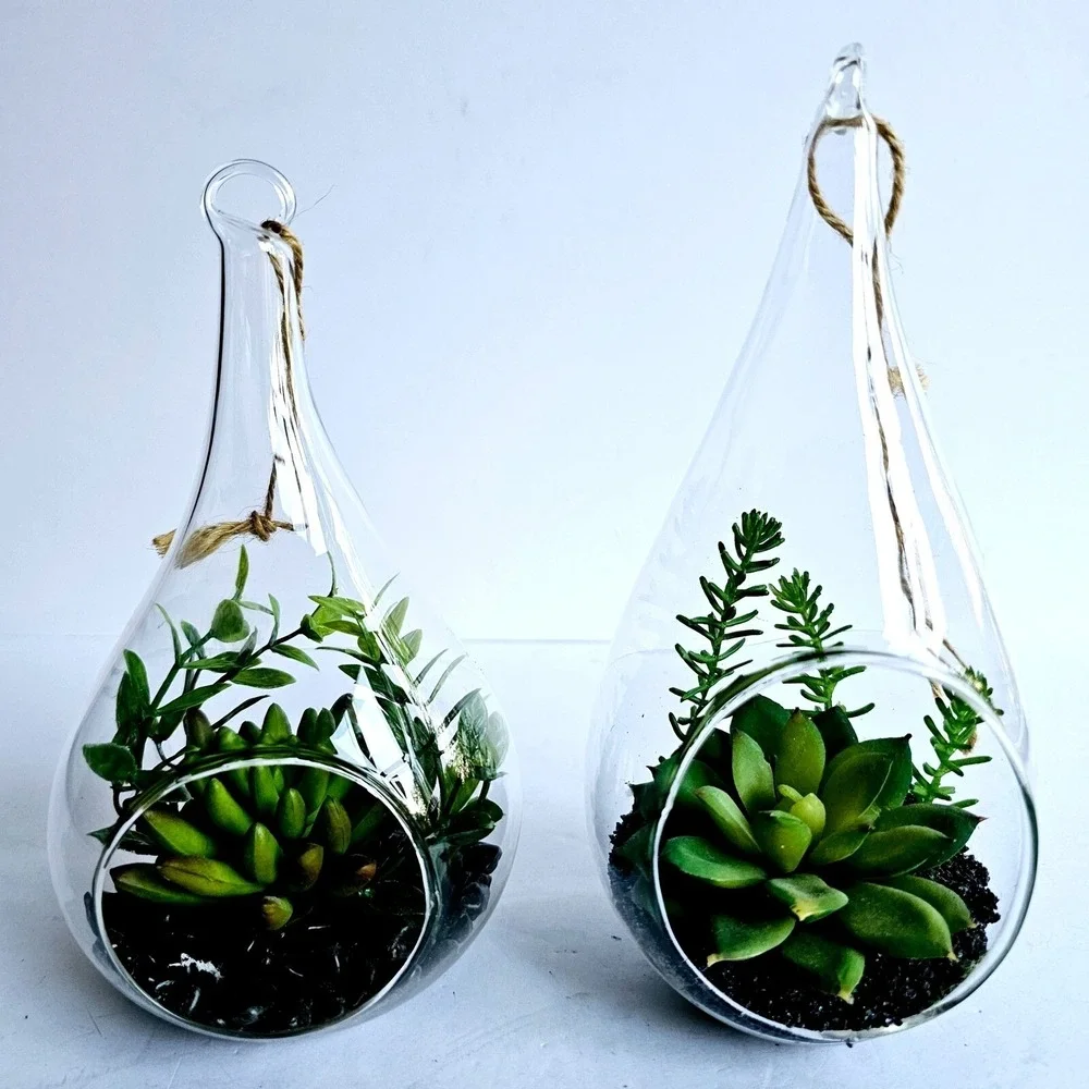 Set of 2 Glass Teardrop‎ Hanging Terrariums with Faux Succulents Home Decor